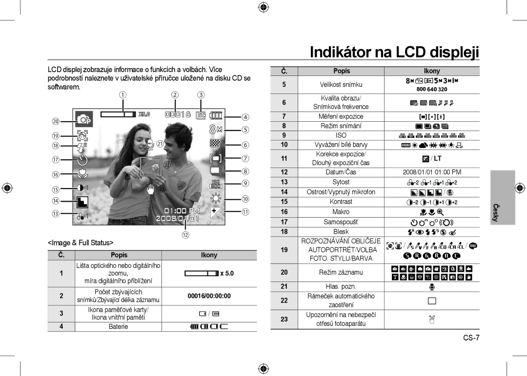 Samsung EC-I8ZZZBBA/RU, EC-I8ZZZPBA/E2, EC-I8ZZZWBA/E3 Indikátor na LCD displeji, CS-7, Popis Ikony Velikost snímku 