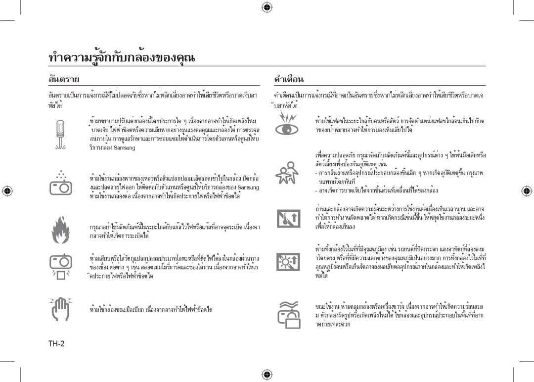 Samsung EC-I8ZZZPBA/E2, EC-I8ZZZWBA/E3, EC-I8ZZZPBA/GB manual ห้ามใช้กล้องขณะมือเปียก เนื่องจากอาจทำให้ไฟฟ้าช็อตได, TH-2 