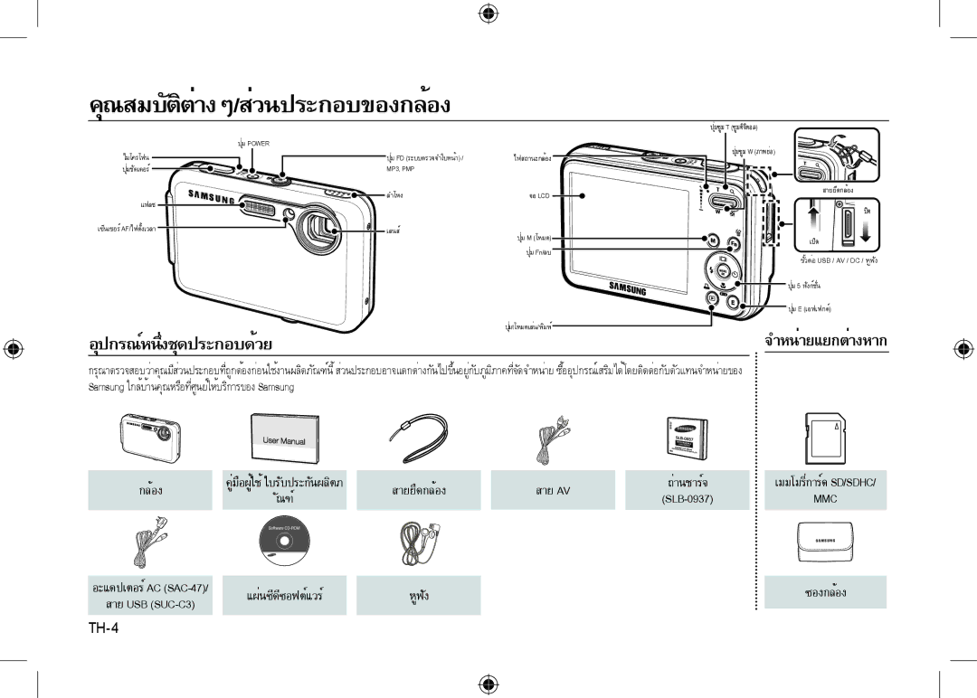 Samsung EC-I8ZZZPBA/GB, EC-I8ZZZPBA/E2 manual ัณฑ์ สายยึดกล้อง SLB-0937, แผ่นซีดีซอฟต์แวร์ หูฟัง, สาย USB SUC-C3, TH-4 