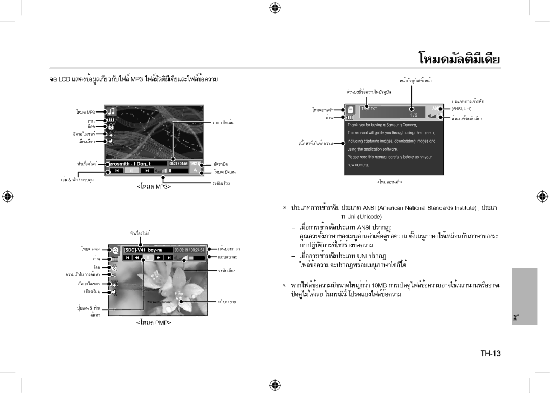 Samsung EC-I8ZZZUBA/FR, EC-I8ZZZPBA/E2, EC-I8ZZZWBA/E3, EC-I8ZZZPBA/GB, EC-I8ZZZBBA/E3 manual โหมด MP3, โหมด Pmp, TH-13 