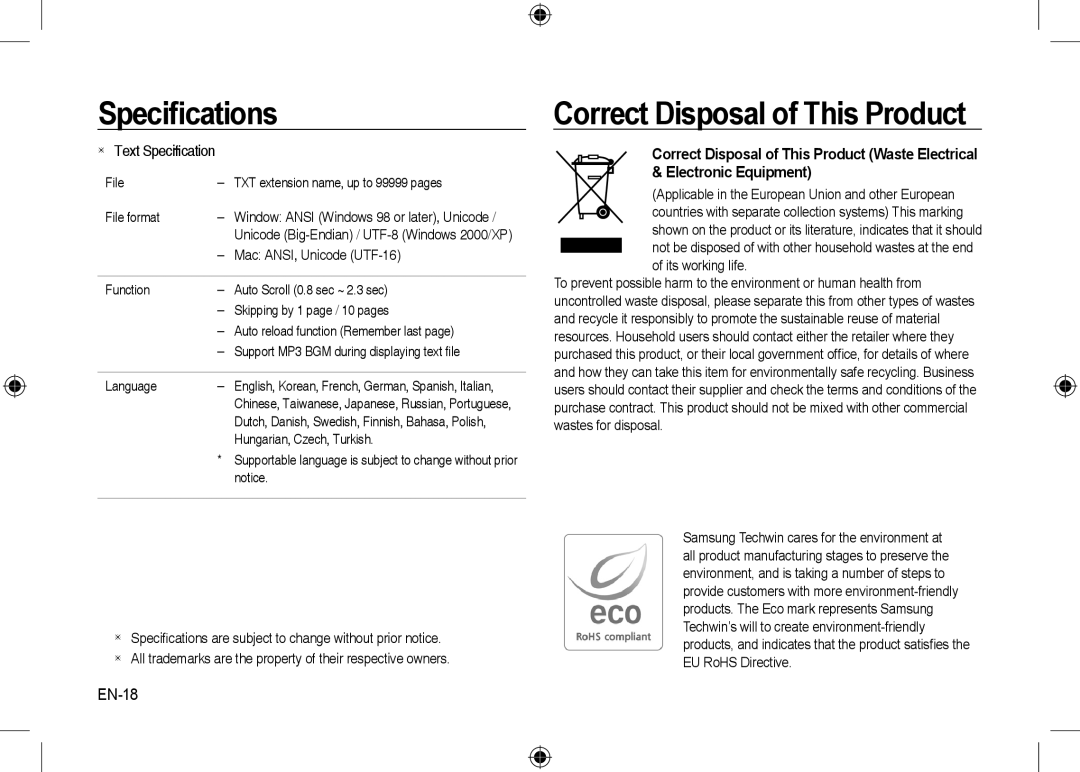 Samsung EC-I8ZZZUBC/E1 manual Correct Disposal of This Product, EN-18, Mac ANSI, Unicode UTF-16, Hungarian, Czech, Turkish 