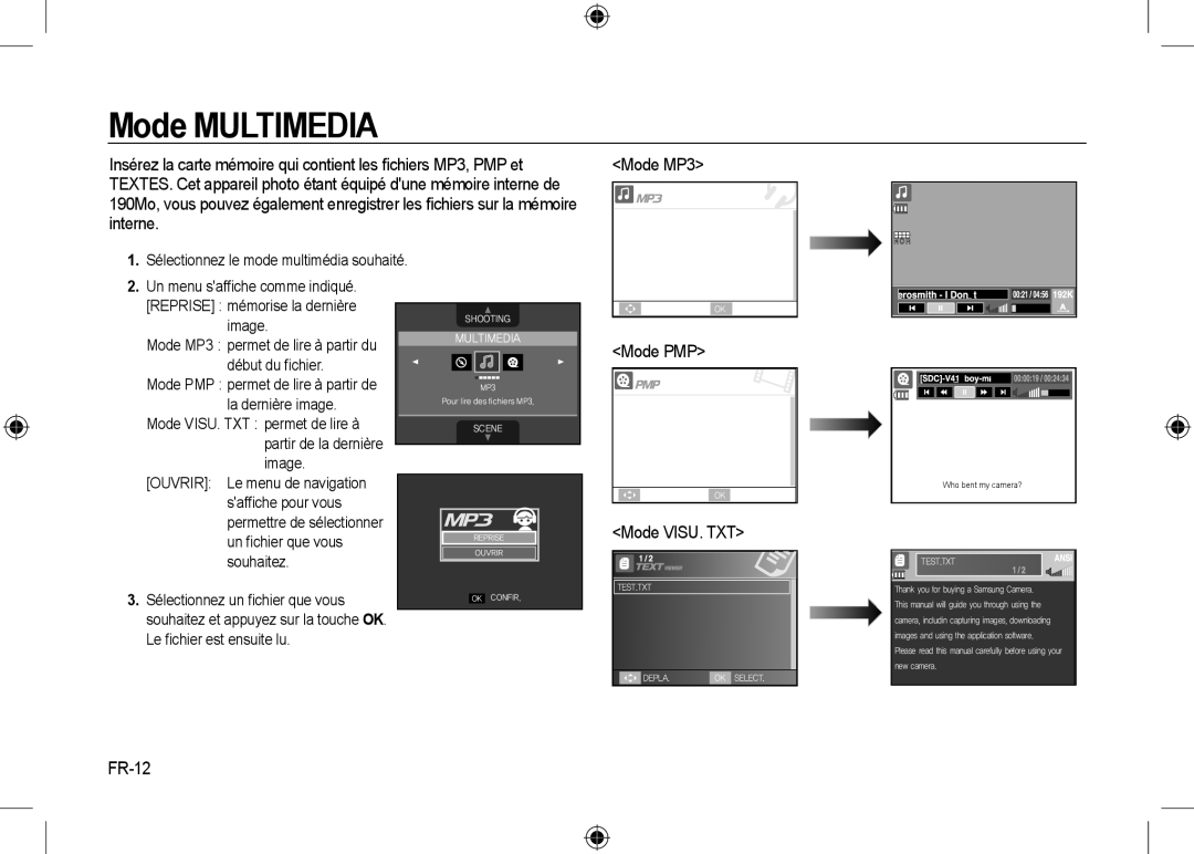 Samsung EC-I8ZZZPBA/CA, EC-I8ZZZPBA/E2 manual Mode PMP, Mode VISU. TXT, FR-12, Sélectionnez le mode multimédia souhaité 