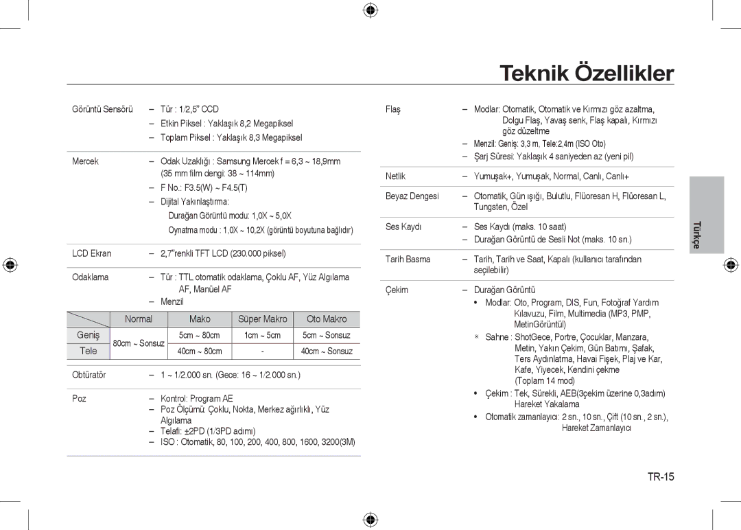 Samsung EC-I8ZZZUBA/GB, EC-I8ZZZPBA/E2, EC-I8ZZZWBA/E3, EC-I8ZZZPBA/GB, EC-I8ZZZBBA/E3 manual Teknik Özellikler, TR-15 