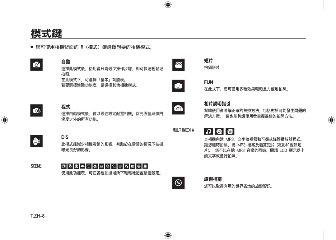 Samsung EC-I8ZZZWBB/MX, EC-I8ZZZPBA/E2, EC-I8ZZZWBA/E3, EC-I8ZZZPBA/GB, EC-I8ZZZBBA/E3, EC-I8ZZZPBB/FR manual 模式鍵, ZH-8 