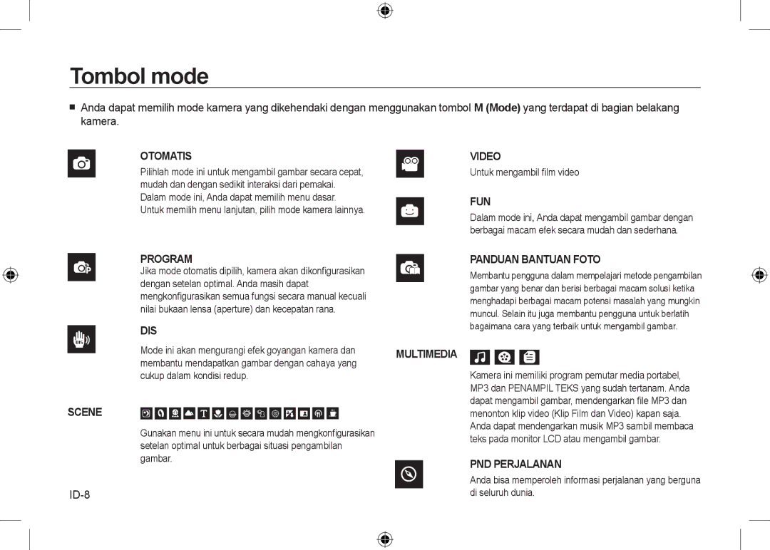 Samsung EC-I8ZZZBSA/E1, EC-I8ZZZPBA/E2, EC-I8ZZZWBA/E3, EC-I8ZZZPBA/GB, EC-I8ZZZBBA/E3, EC-I8ZZZPBB/FR manual Tombol mode, ID-8 