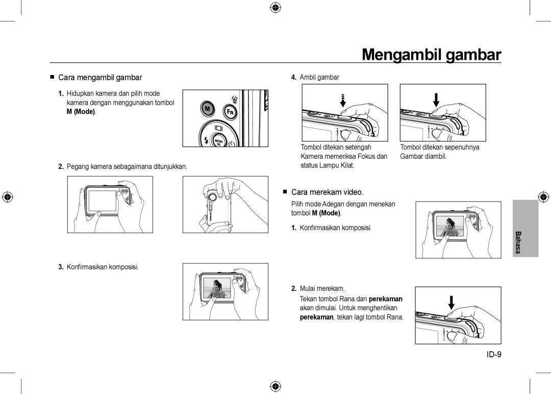 Samsung EC-I8ZZZPBA/IN manual Mengambil gambar,  Cara mengambil gambar,  Cara merekam video, ID-9, Konﬁrmasikan komposisi 