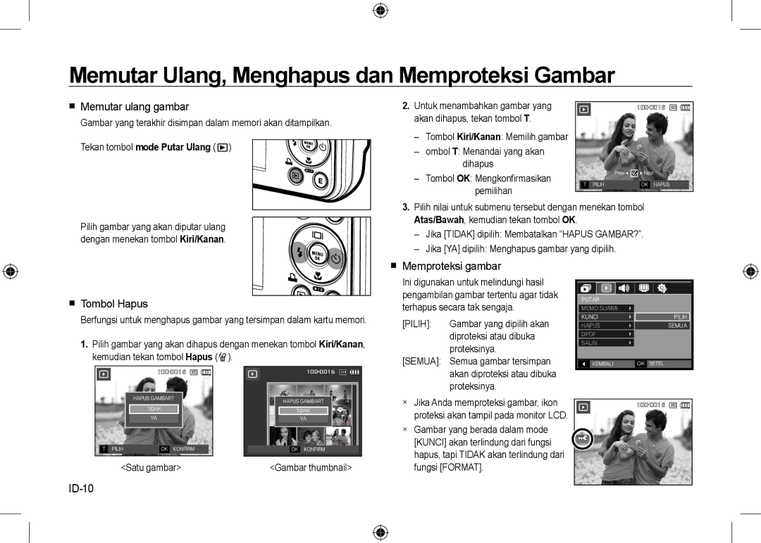 Samsung EC-I8ZZZPBA/TW Memutar Ulang, Menghapus dan Memproteksi Gambar,  Memutar ulang gambar,  Tombol Hapus, ID-10 