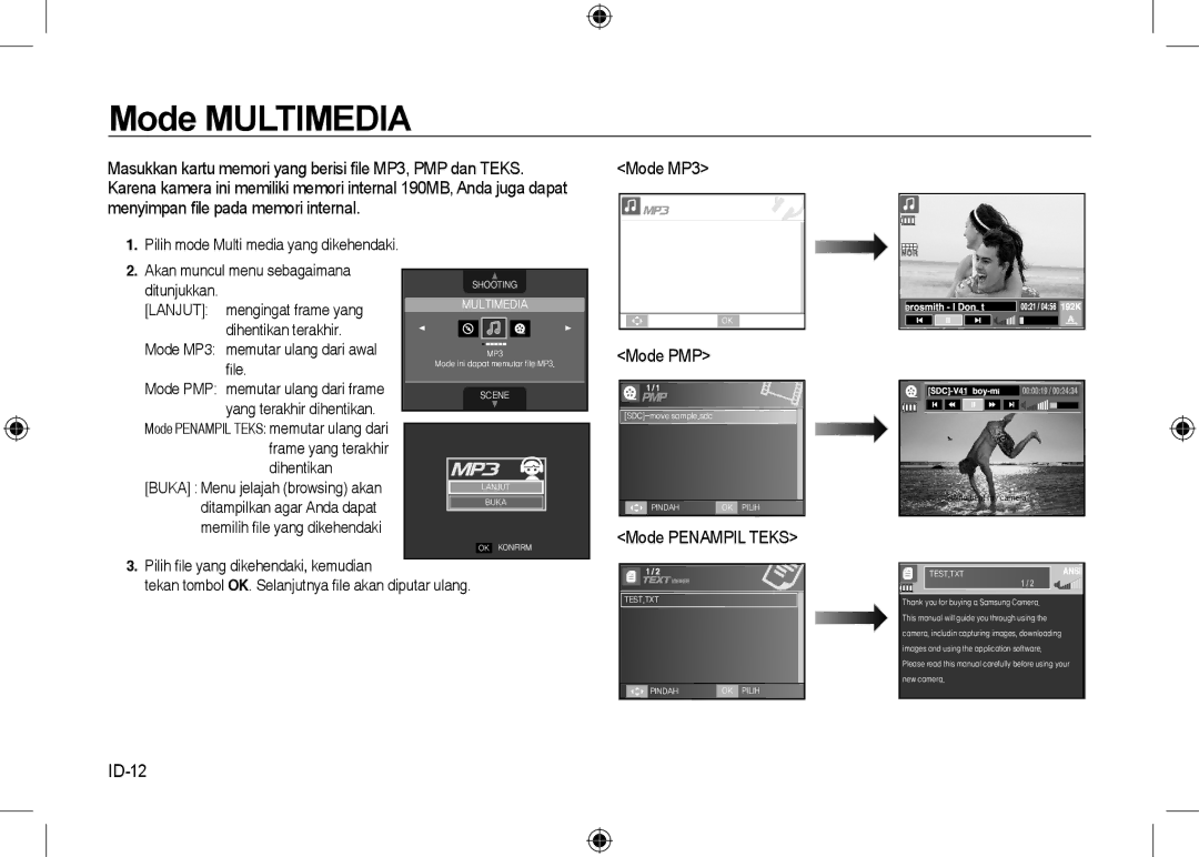 Samsung EC-I8ZZZPYA/CA, EC-I8ZZZPBA/E2, EC-I8ZZZWBA/E3, EC-I8ZZZPBA/GB, EC-I8ZZZBBA/E3 manual Mode Penampil Teks, ID-12 