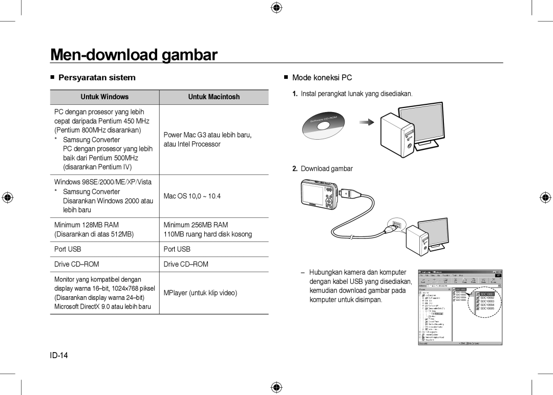 Samsung EC-I8ZZZUBA/AU, EC-I8ZZZPBA/E2, EC-I8ZZZWBA/E3, EC-I8ZZZPBA/GB manual Men-download gambar,  Mode koneksi PC, ID-14 