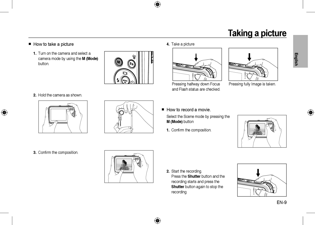 Samsung EC-I8ZZZBBA/FR, EC-I8ZZZPBA/E2 manual Taking a picture,  How to take a picture,  How to record a movie, EN-9 