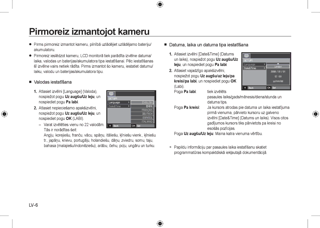 Samsung EC-I8ZZZWBA/CA Pirmoreiz izmantojot kameru,  Valodas iestatīšana,  Datuma, laika un datuma tipa iestatīšana 