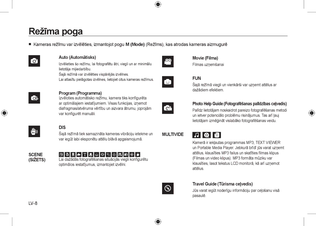 Samsung EC-I8ZZZWYA/CA manual Režīma poga, LV-8, Filmas uzņemšanai, Var iegūt labi eksponētu attēlu blāvā apgaismojumā 