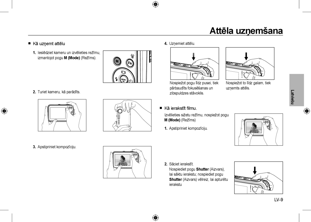 Samsung EC-I8ZZZBBA/AR, EC-I8ZZZPBA/E2, EC-I8ZZZWBA/E3 manual Attēla uzņemšana,  Kā uzņemt attēlu,  Kā ierakstīt ﬁlmu, LV-9 