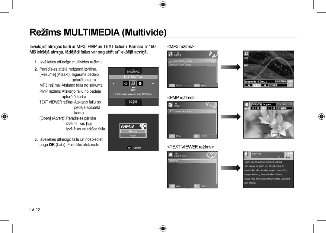 Samsung EC-I8ZZZBBB/MX, EC-I8ZZZPBA/E2, EC-I8ZZZWBA/E3, EC-I8ZZZPBA/GB MP3 režīms, PMP režīms, Text Viewer režīms, LV-12 