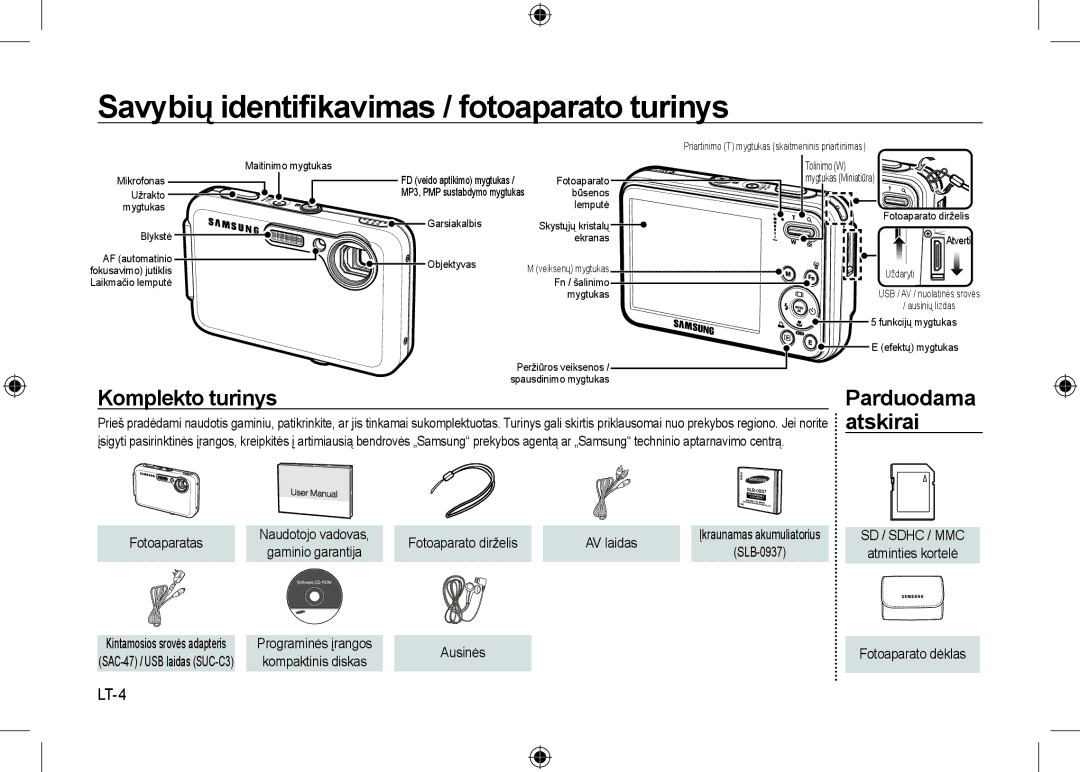 Samsung EC-I8ZZZWBA/TW, EC-I8ZZZPBA/E2 manual Savybių identiﬁkavimas / fotoaparato turinys, Parduodama, LT-4, AV laidas 