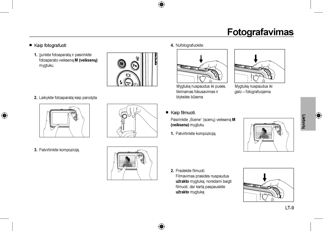 Samsung EC-I8ZZZUBA/IN, EC-I8ZZZPBA/E2, EC-I8ZZZWBA/E3 manual Fotografavimas,  Kaip fotografuoti,  Kaip ﬁlmuoti, LT-9 