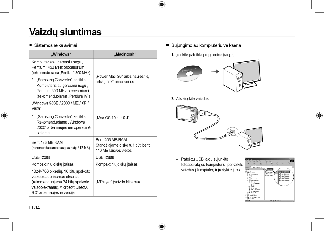 Samsung EC-I8ZZZBBA/AU manual Vaizdų siuntimas,  Sistemos reikalavimai,  Sujungimo su kompiuteriu veiksena, LT-14 