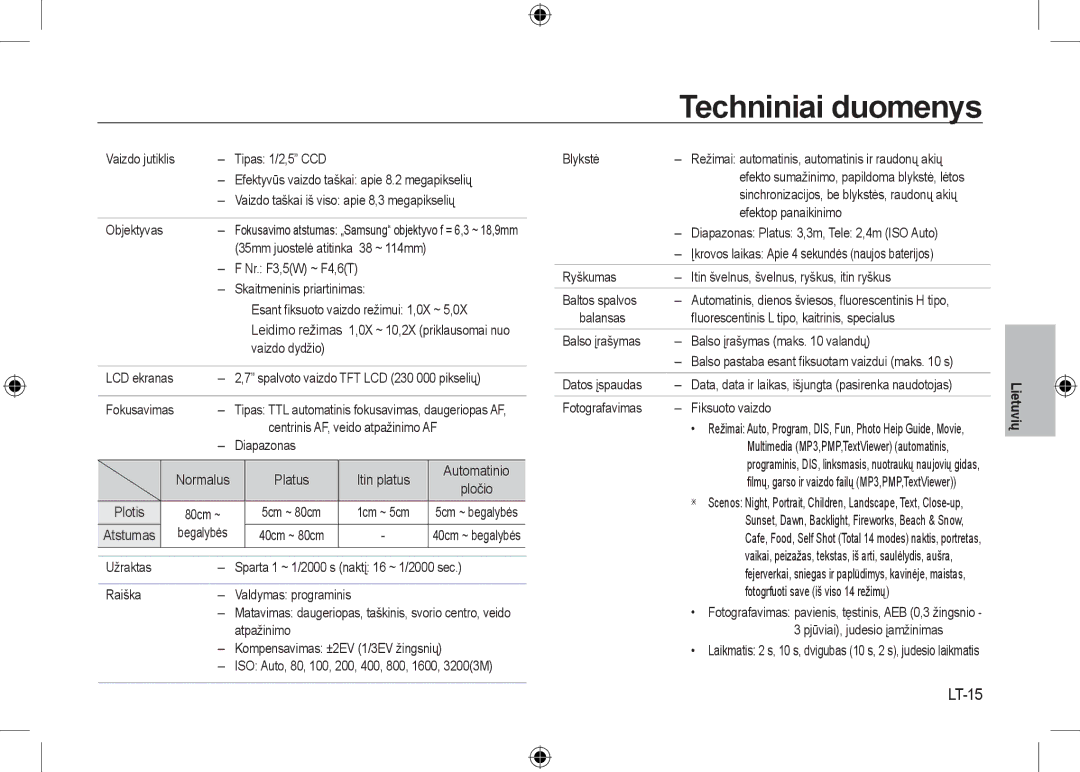 Samsung EC-I8ZZZBBA/HK, EC-I8ZZZPBA/E2, EC-I8ZZZWBA/E3, EC-I8ZZZPBA/GB, EC-I8ZZZBBA/E3 manual Techniniai duomenys, LT-15 