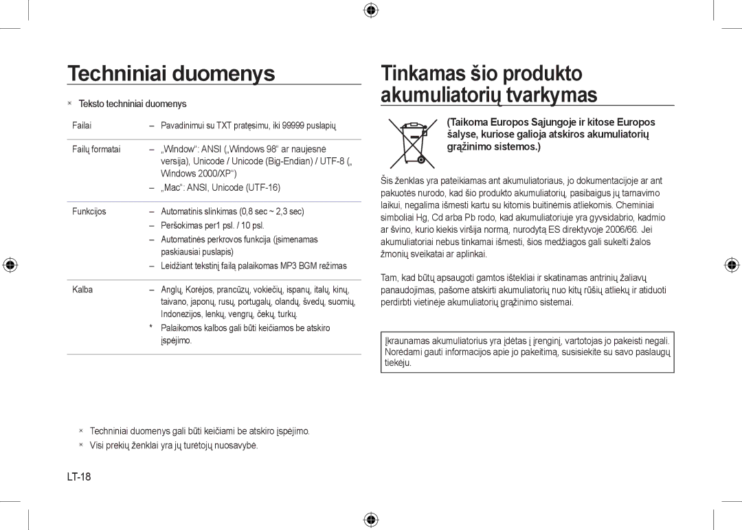 Samsung EC-I8ZZZBBC/AS manual LT-18, Failų formatai „Window Ansi „Windows 98 ar naujesnė, „Mac ANSI, Unicode UTF-16, Kalba 