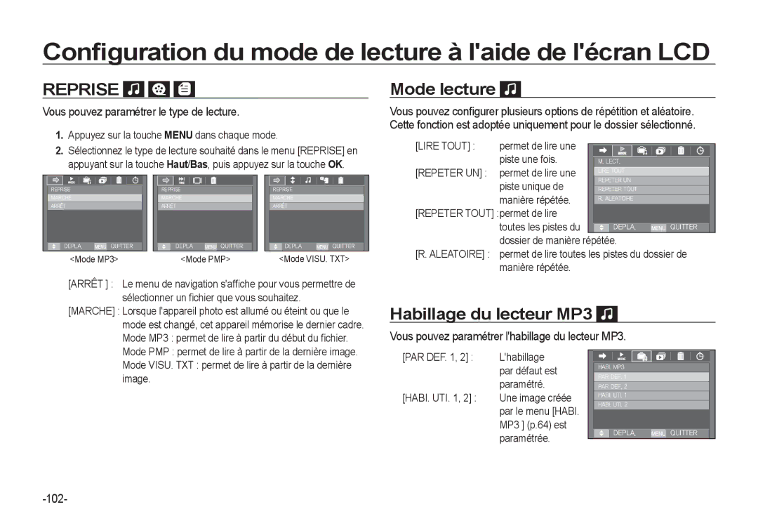 Samsung EC-I8ZZZUBA/E2 manual Conﬁguration du mode de lecture à laide de lécran LCD, Mode lecture, Habillage du lecteur MP3 