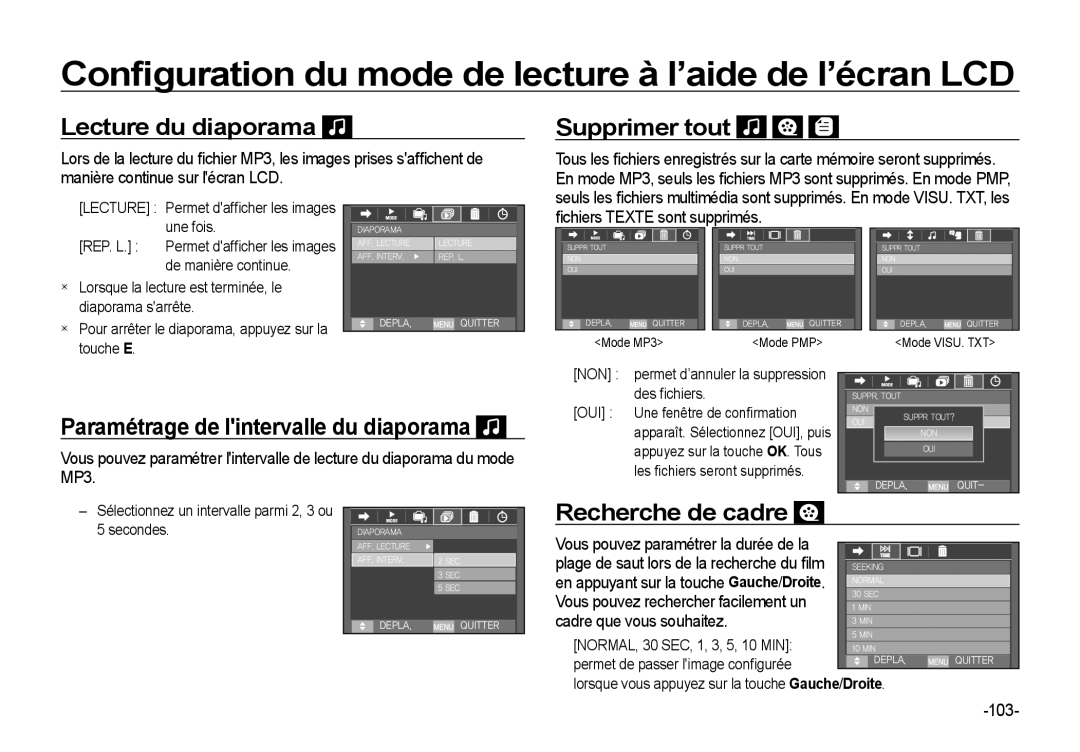 Samsung EC-I8ZZZBBB/FR Lecture du diaporama, Supprimer tout, Paramétrage de lintervalle du diaporama, Recherche de cadre 