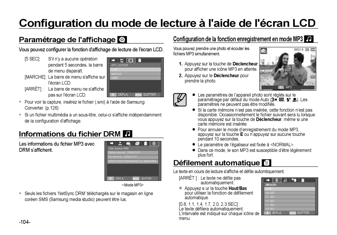 Samsung EC-I8ZZZUBB/FR, EC-I8ZZZPBA/E2 Paramétrage de lafﬁchage, Informations du ﬁchier DRM, Déﬁlement automatique, 104 