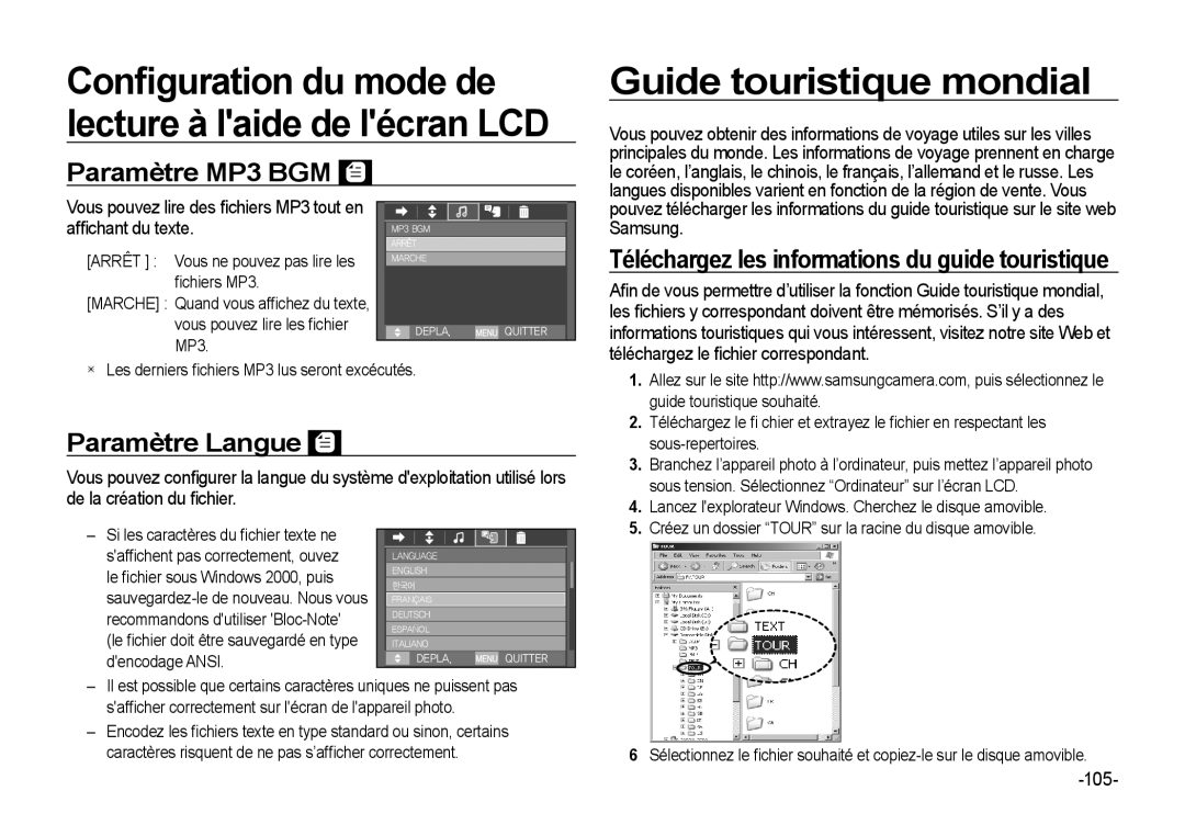 Samsung EC-I8ZZZBBA/E2, EC-I8ZZZPBA/E2, EC-I8ZZZWBA/E3 Guide touristique mondial, Paramètre MP3 BGM, Paramètre Langue, 105 