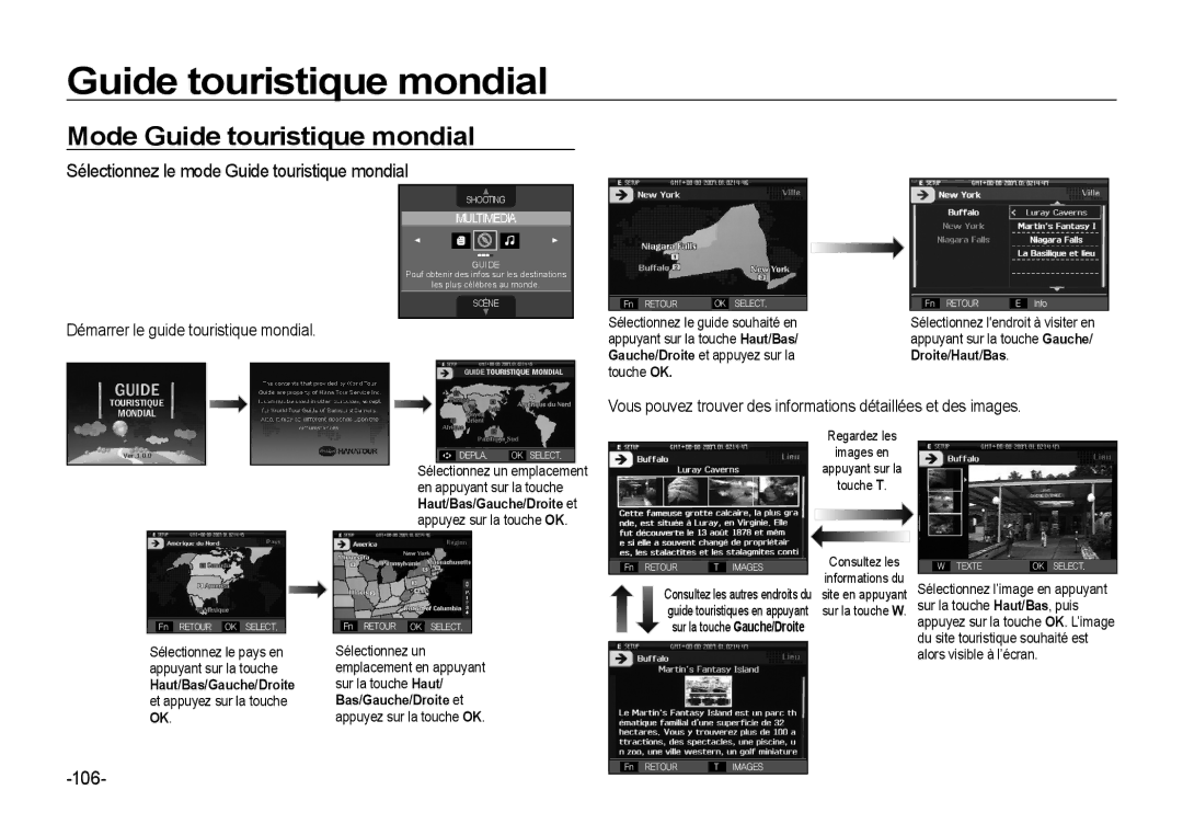 Samsung EC-I8ZZZWBB/FR, EC-I8ZZZPBA/E2 Mode Guide touristique mondial, Sélectionnez le mode Guide touristique mondial, 106 