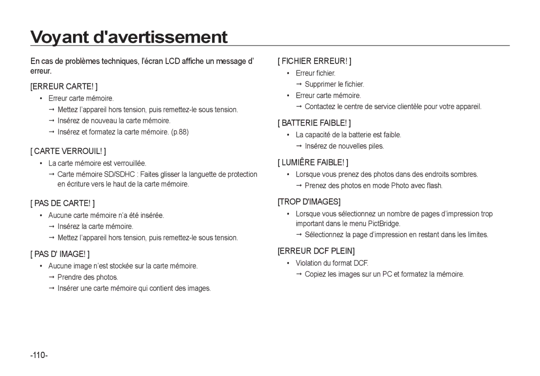 Samsung EC-I8ZZZBBA/E3, EC-I8ZZZPBA/E2, EC-I8ZZZWBA/E3, EC-I8ZZZPBA/GB, EC-I8ZZZPBB/FR manual Voyant davertissement, 110 