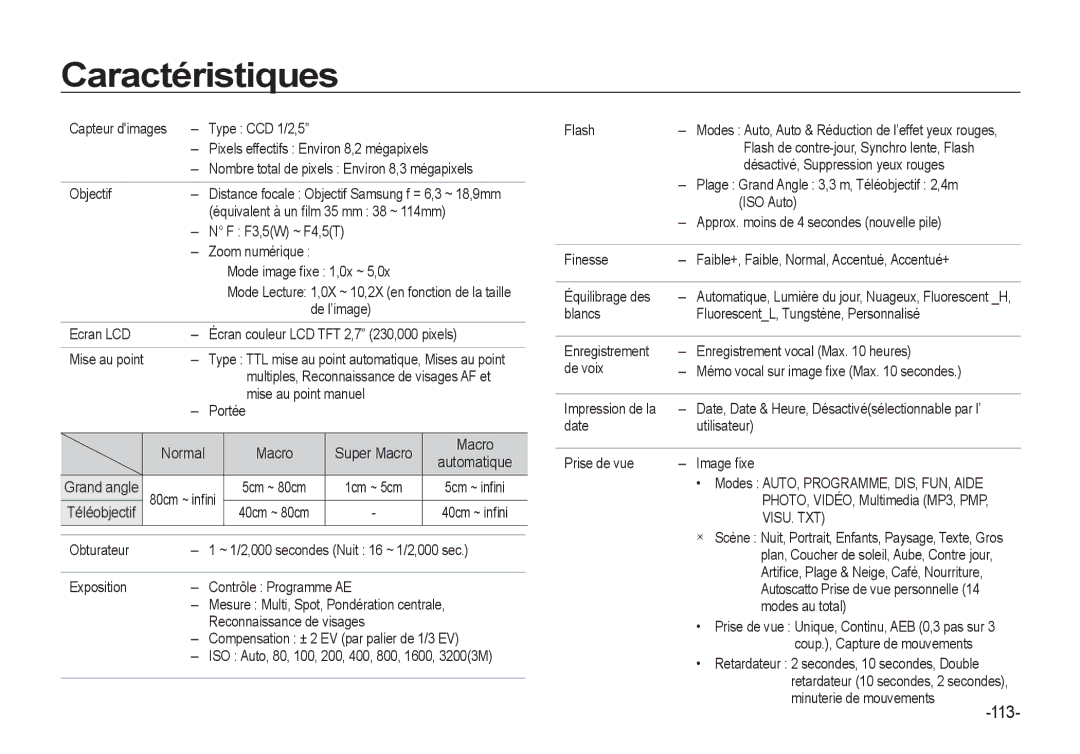 Samsung EC-I8ZZZWBA/GB, EC-I8ZZZPBA/E2, EC-I8ZZZWBA/E3, EC-I8ZZZPBA/GB, EC-I8ZZZBBA/E3 manual Caractéristiques, Visu. Txt 