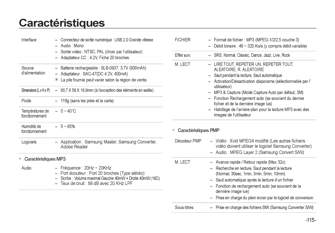 Samsung EC-I8ZZZWBA/E2, EC-I8ZZZPBA/E2, EC-I8ZZZWBA/E3, EC-I8ZZZPBA/GB, EC-I8ZZZBBA/E3, EC-I8ZZZPBB/FR manual 115, Fichier, Lect 