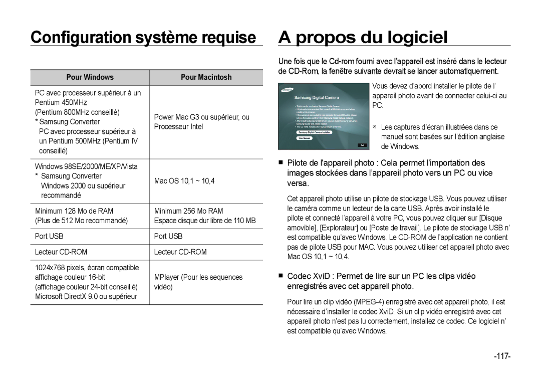 Samsung EC-I8ZZZPBA/E3, EC-I8ZZZPBA/E2 manual Propos du logiciel, 117, Pour Windows Pour Macintosh, Port USB Lecteur CD-ROM 