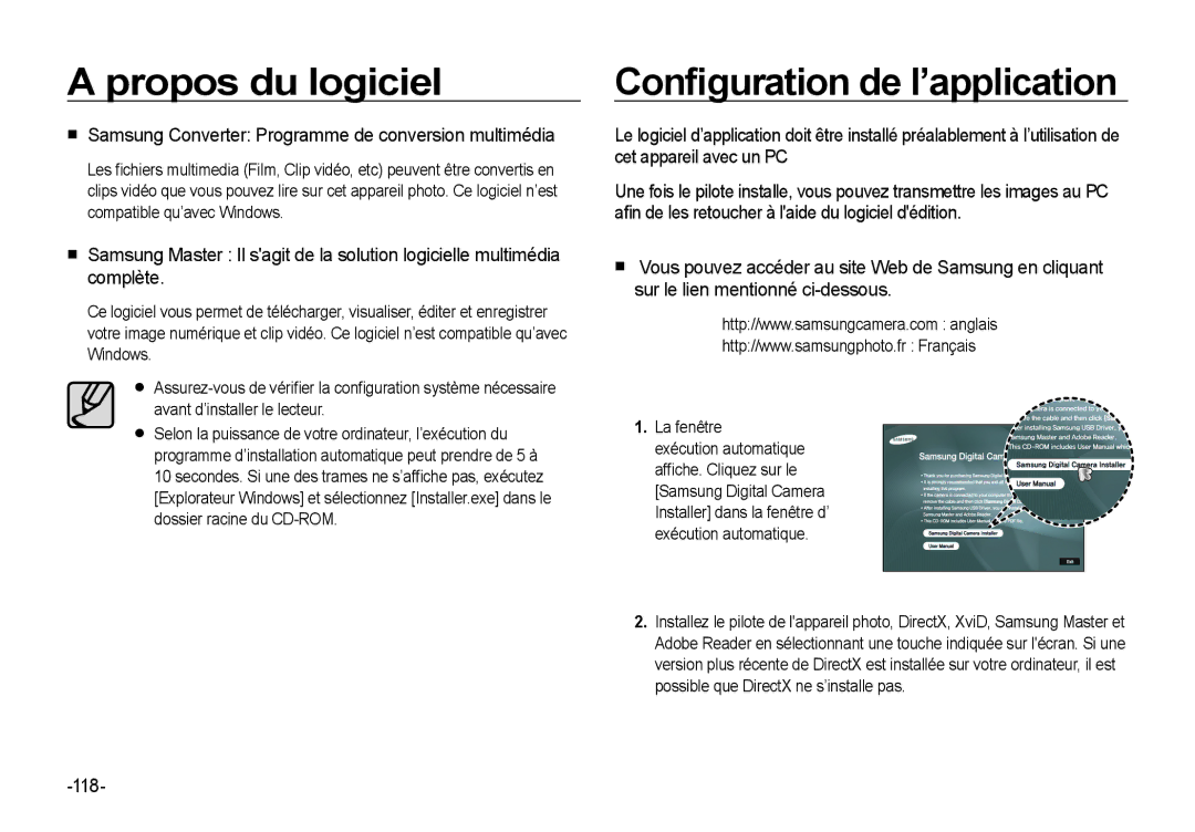 Samsung EC-I8ZZZUBA/FR manual Conﬁguration de l’application, Samsung Converter Programme de conversion multimédia, 118 