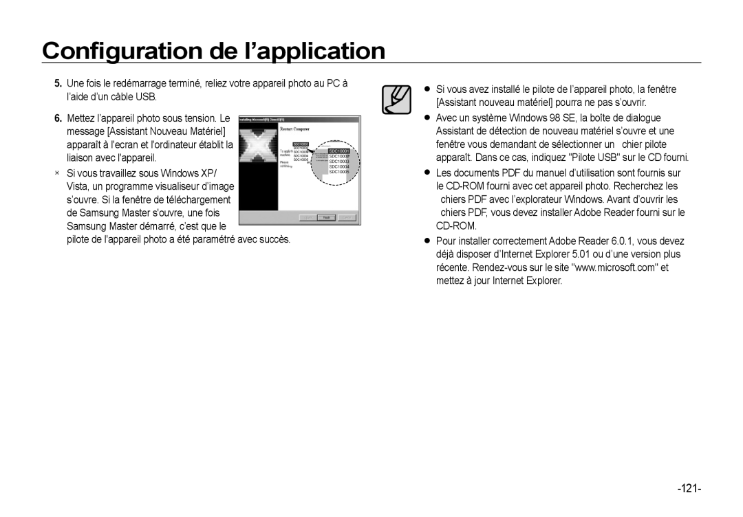 Samsung EC-I8ZZZBBB/FR, EC-I8ZZZPBA/E2, EC-I8ZZZWBA/E3 manual 121, Pilote de lappareil photo a été paramétré avec succès 