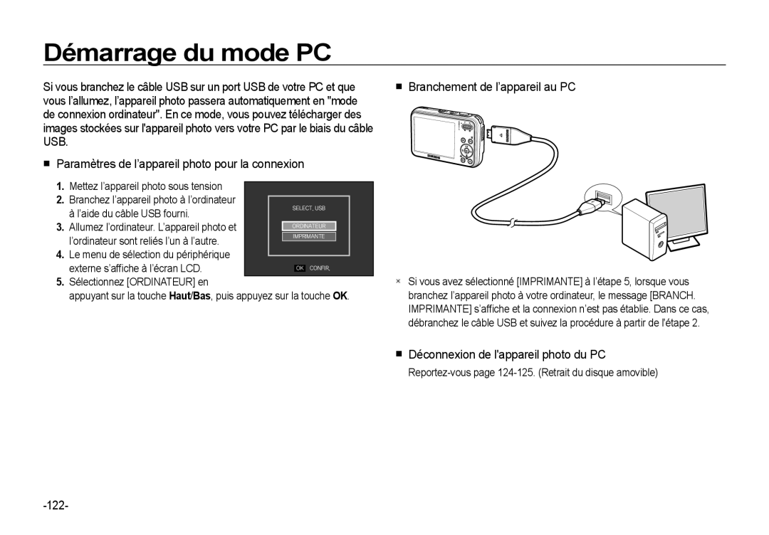 Samsung EC-I8ZZZUBB/FR Démarrage du mode PC, Branchement de l’appareil au PC, Déconnexion de lappareil photo du PC, 122 