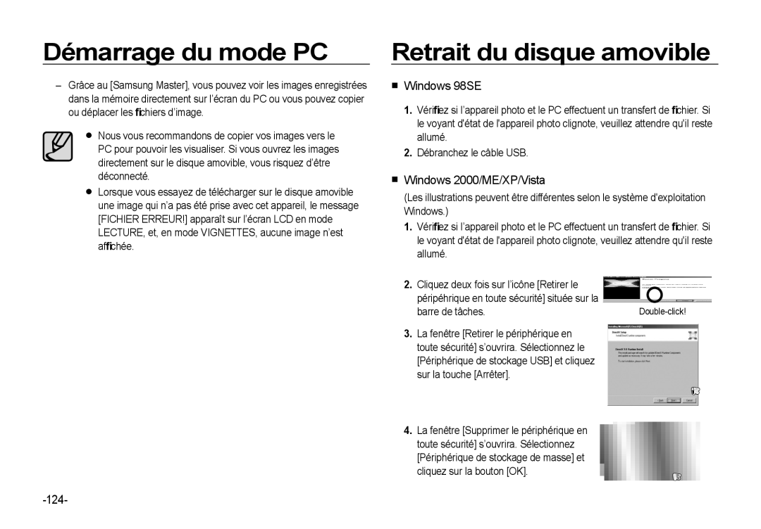 Samsung EC-I8ZZZWBB/FR manual Retrait du disque amovible, Windows 98SE, Windows 2000/ME/XP/Vista, 124, Barre de tâches 