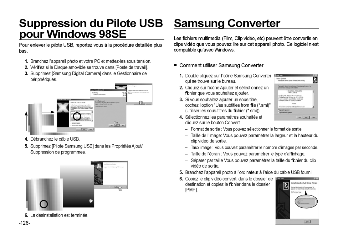 Samsung EC-I8ZZZWBA/E3 manual Suppression du Pilote USB pour Windows 98SE, Comment utiliser Samsung Converter, 126 