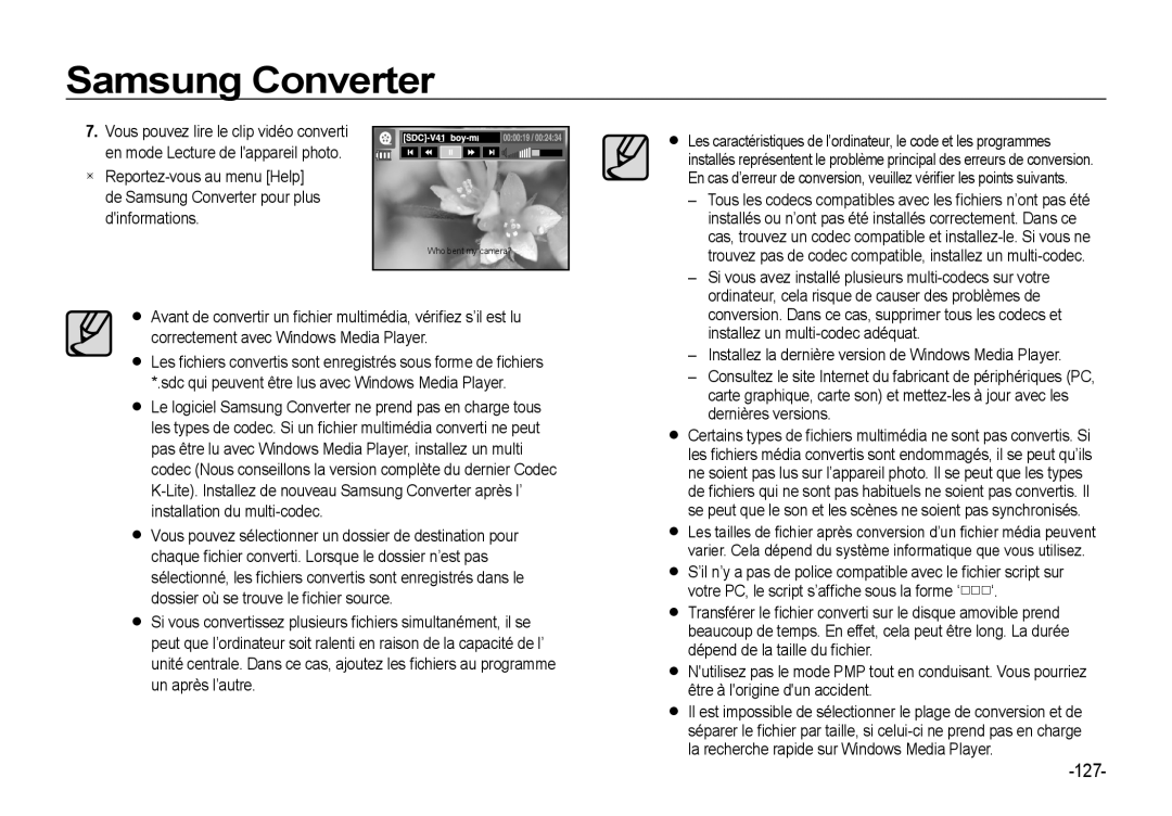 Samsung EC-I8ZZZPBA/GB manual 127, Ordinateur, cela risque de causer des problèmes de, Installez un multi-codec adéquat 