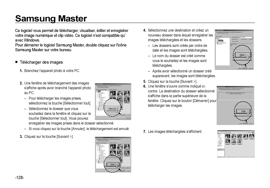 Samsung EC-I8ZZZBBA/E3, EC-I8ZZZPBA/E2, EC-I8ZZZWBA/E3 manual Samsung Master, 128, Les images téléchargées safﬁchent 