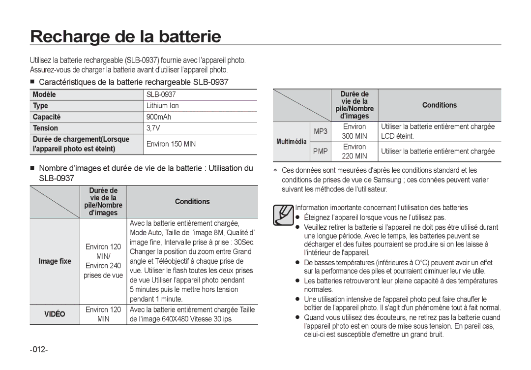 Samsung EC-I8ZZZUBA/E2 manual Recharge de la batterie, Caractéristiques de la batterie rechargeable SLB-0937, 012, Durée de 