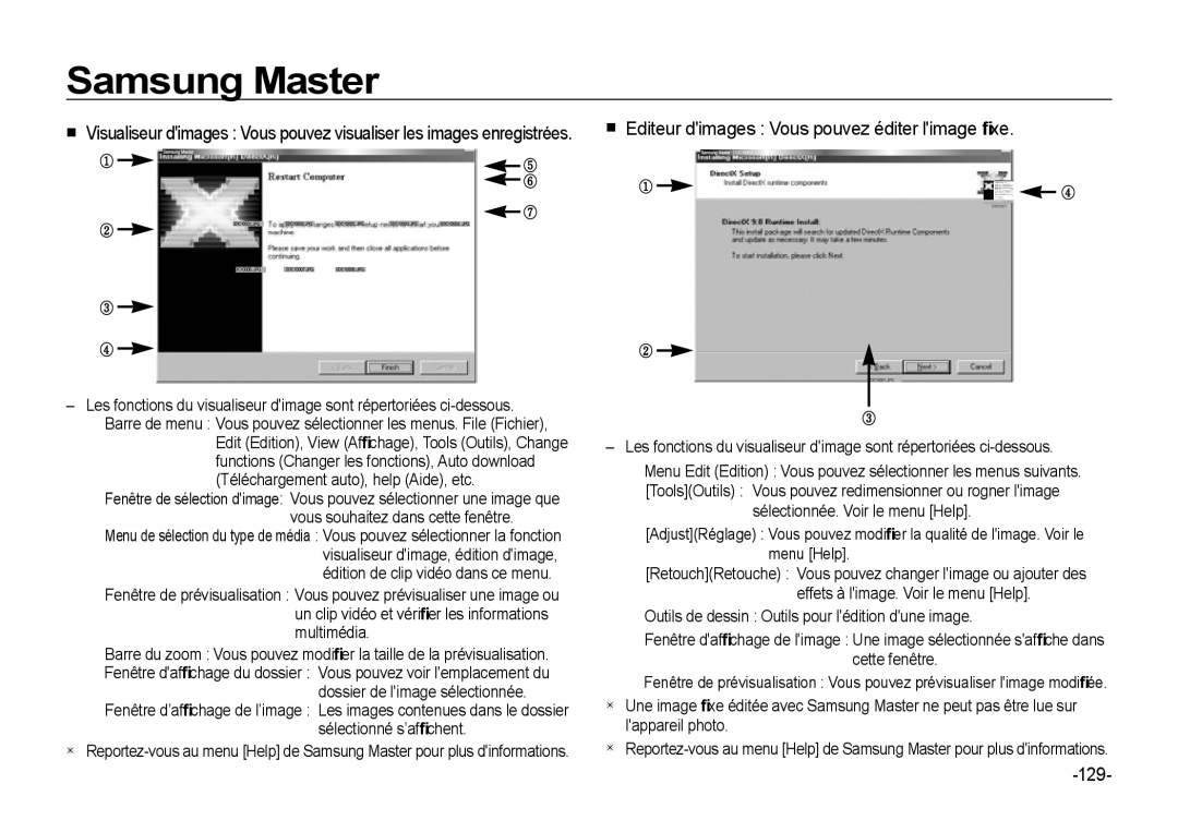 Samsung EC-I8ZZZPBB/FR manual Editeur dimages Vous pouvez éditer limage ﬁxe, 129, Téléchargement auto, help Aide, etc 