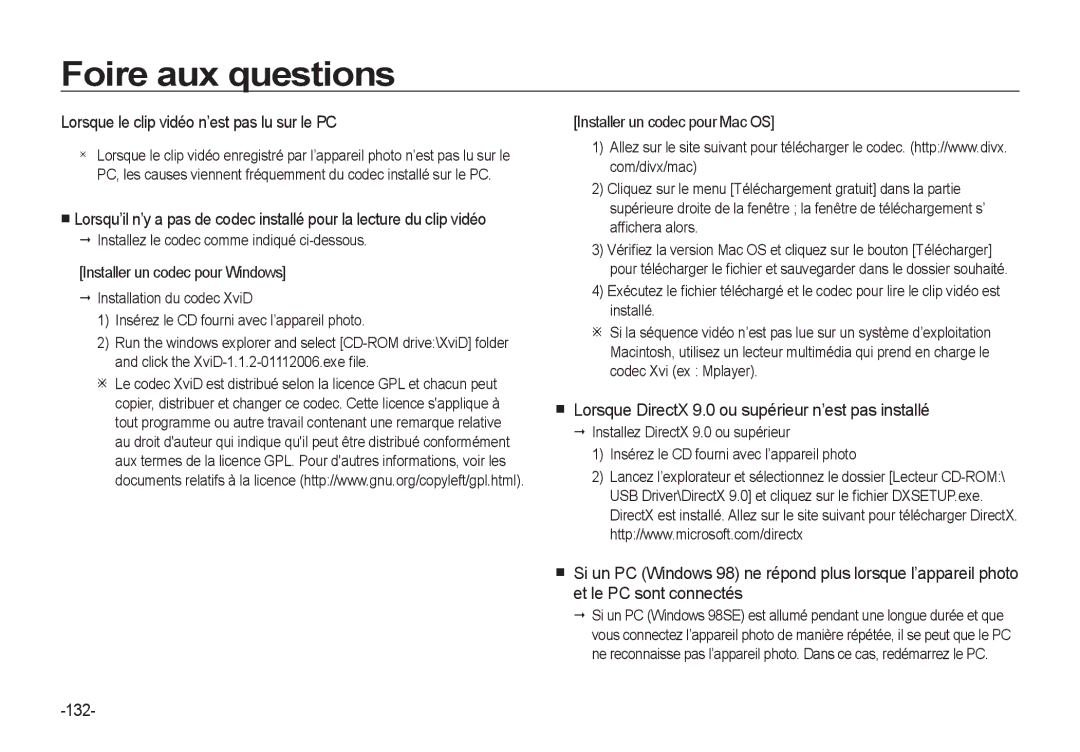 Samsung EC-I8ZZZWBA/FR Lorsque le clip vidéo n’est pas lu sur le PC, Lorsque DirectX 9.0 ou supérieur n’est pas installé 