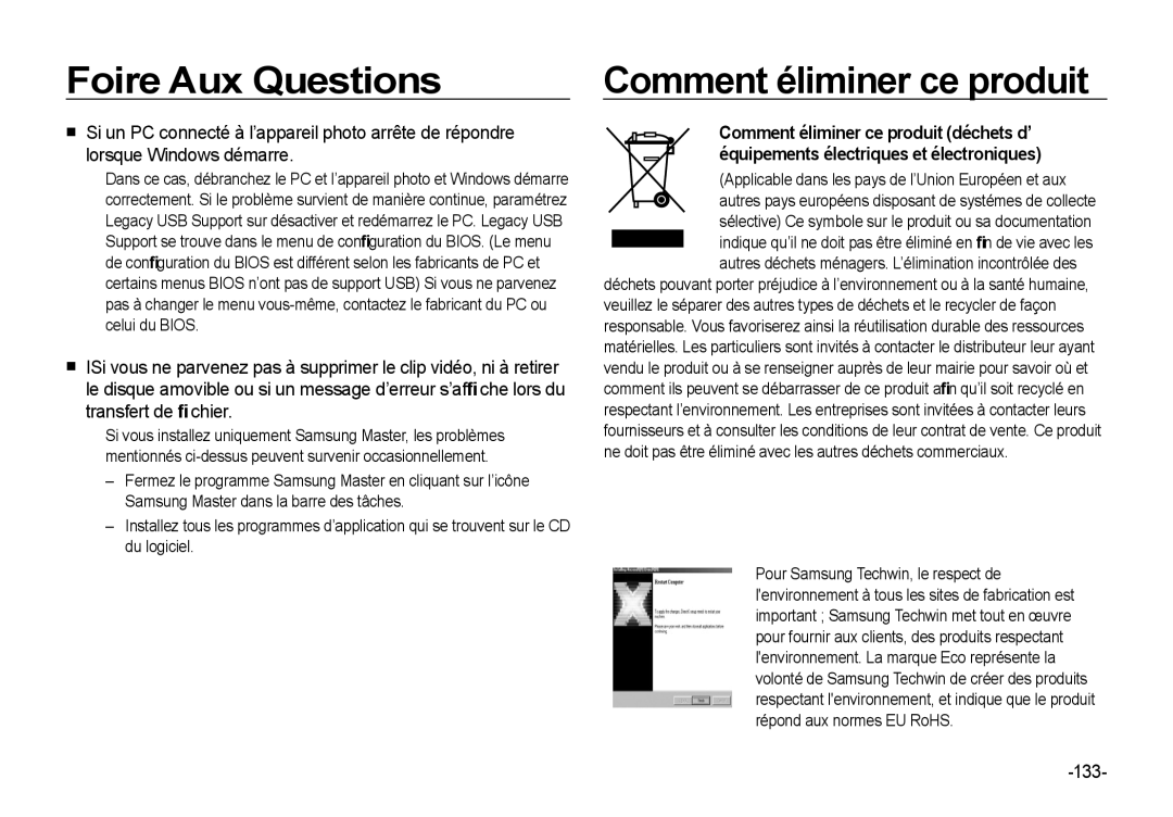 Samsung EC-I8ZZZWBA/E2 manual Comment éliminer ce produit, 133, Applicable dans les pays de l’Union Européen et aux 