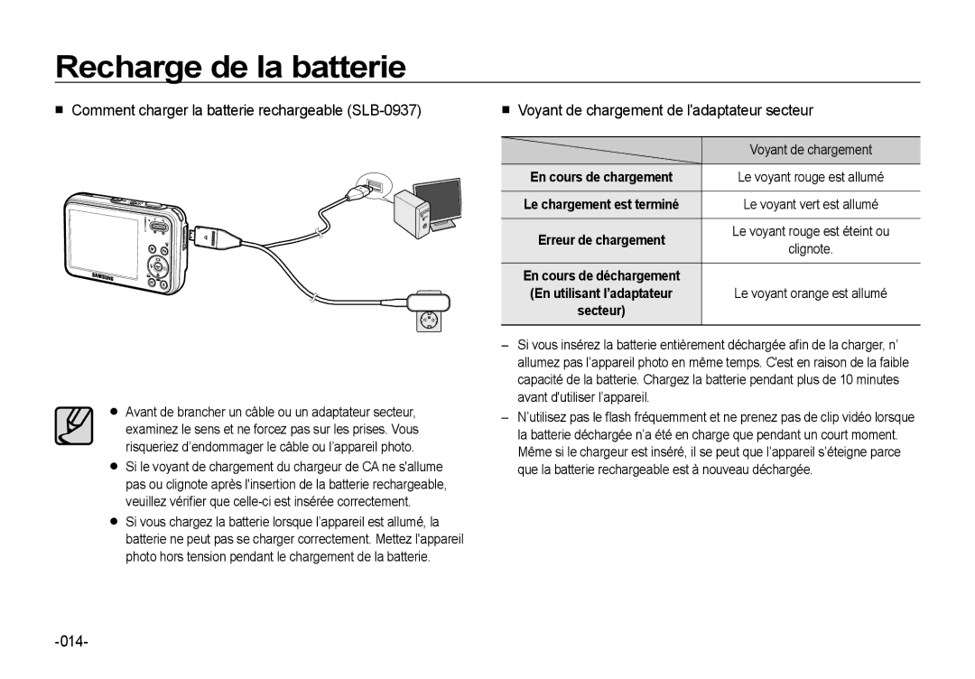 Samsung EC-I8ZZZUBB/FR Comment charger la batterie rechargeable SLB-0937, Voyant de chargement de ladaptateur secteur, 014 