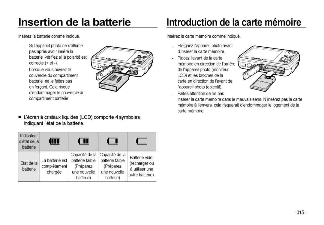 Samsung EC-I8ZZZBBA/E2, EC-I8ZZZPBA/E2 manual Insertion de la batterie, Introduction de la carte mémoire, 015, Indicateur 