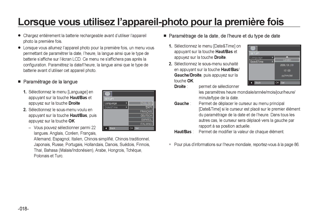 Samsung EC-I8ZZZWBA/E3 manual Paramétrage de la langue, Paramétrage de la date, de l’heure et du type de date, 018 