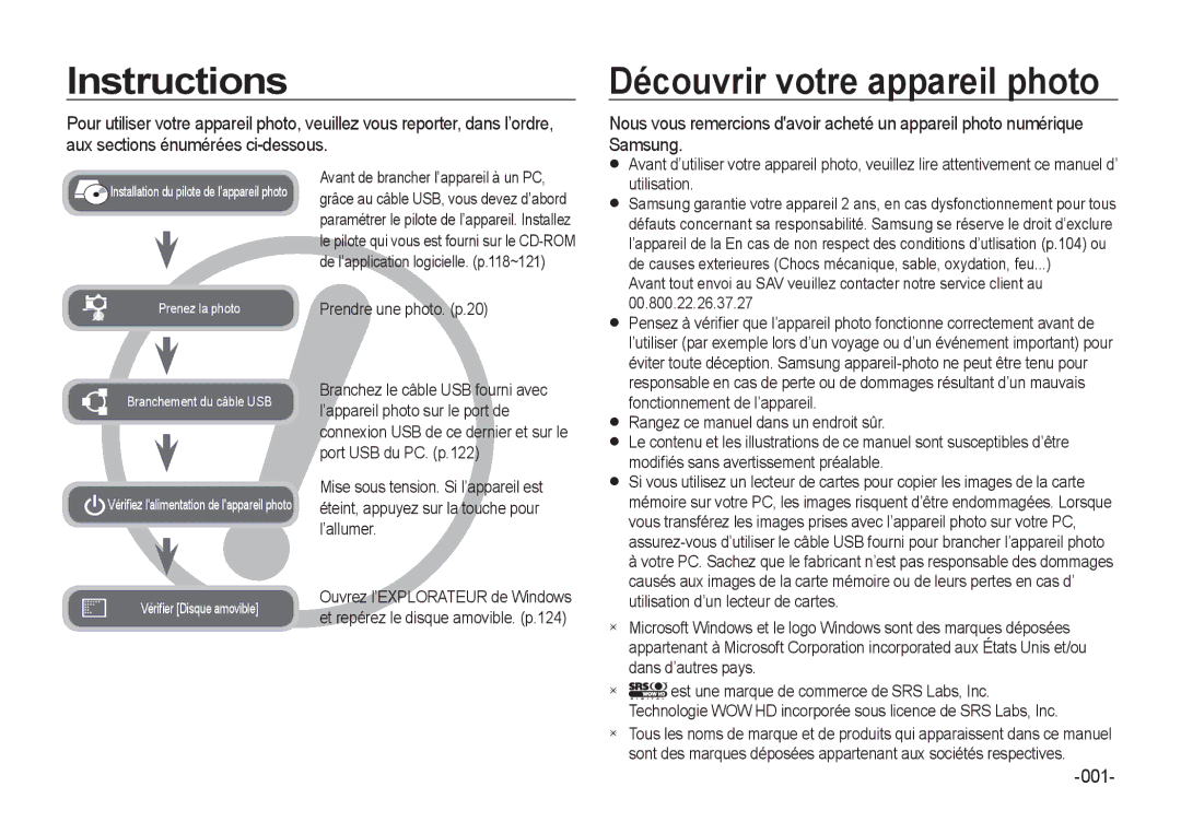 Samsung EC-I8ZZZPBA/GB manual Instructions, Découvrir votre appareil photo, 001, Avant de brancher l’appareil à un PC 