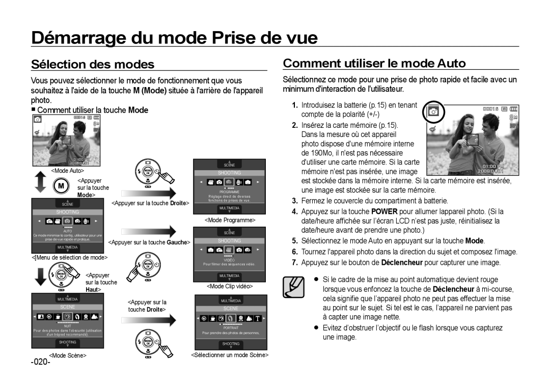 Samsung EC-I8ZZZBBA/E3, EC-I8ZZZPBA/E2 Démarrage du mode Prise de vue, Sélection des modes, Comment utiliser le mode Auto 