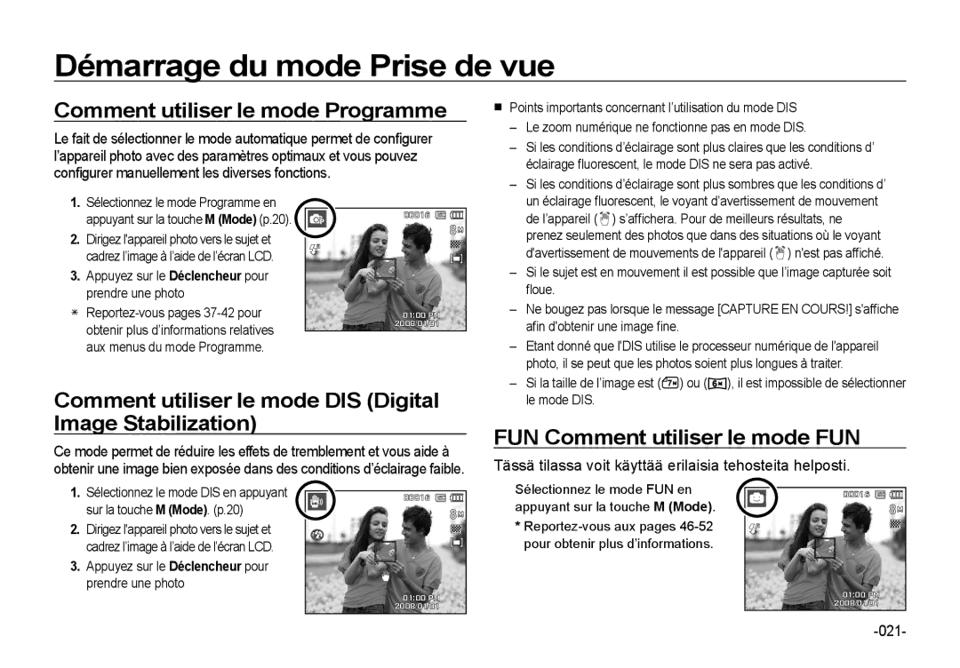 Samsung EC-I8ZZZPBB/FR Comment utiliser le mode Programme, Comment utiliser le mode DIS Digital Image Stabilization, 021 