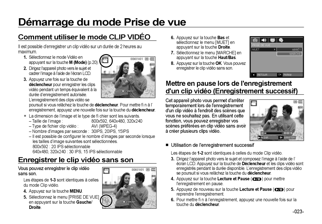 Samsung EC-I8ZZZWBA/GB, EC-I8ZZZPBA/E2 manual Comment utiliser le mode Clip Vidéo, Enregistrer le clip vidéo sans son, 023 